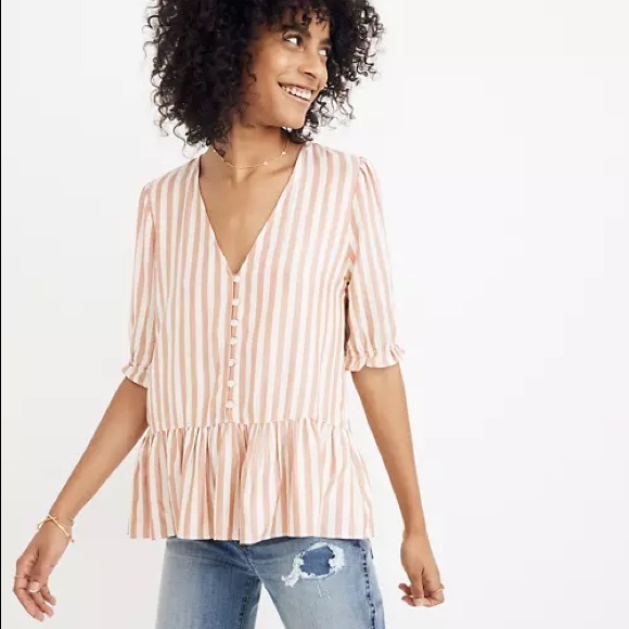 Madewell Courtyard Ruffle-Hem Top Size XXS Striped V-Neck Button Front Blouse - Picture 2 of 7